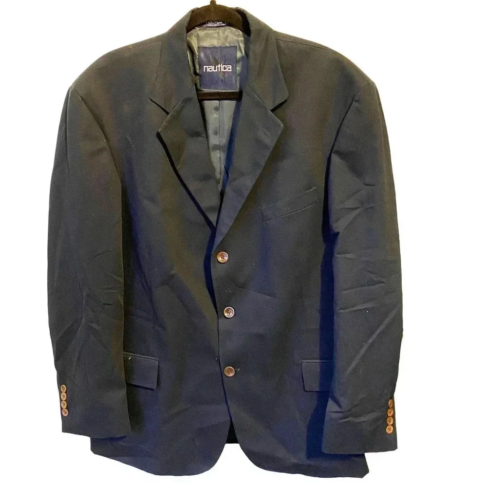 Nautica 3 Buttons Cotton Men Suit Blazer Sports Coat Size 44R Pockets Blue